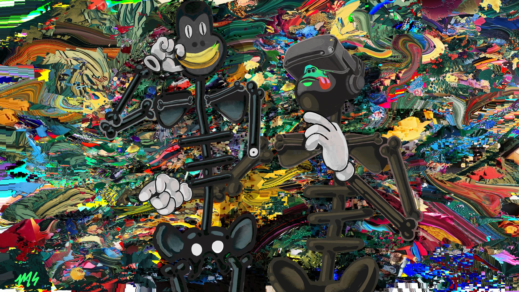 Collab Absurdity, digitale Glitch-Collage von Mamadou Sow, 2024 — mit gezeichneten Figuren
